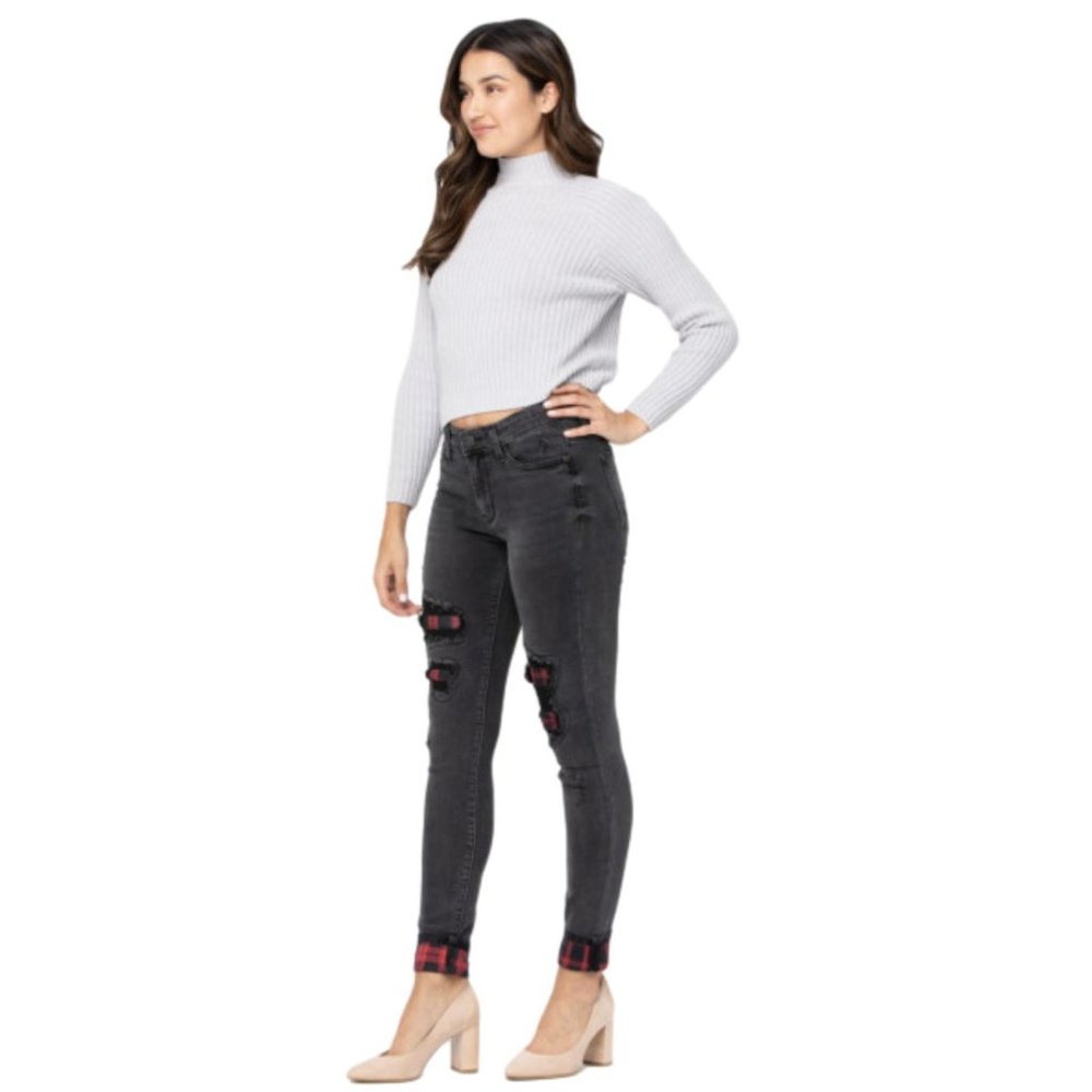 Judy Blue Black Destroyed Plaid Patch Skinny Jeans - Picture 4 of 4